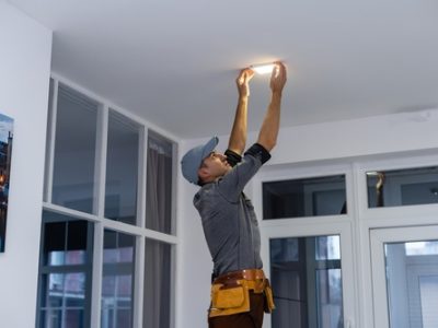 An,Electrician,Is,Installing,Spotlights,On,The,Ceiling