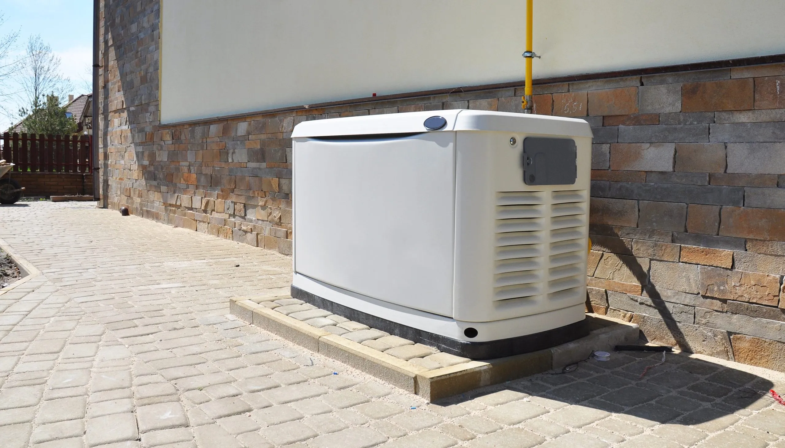 a white Generac home standby generator installed on a concrete pad